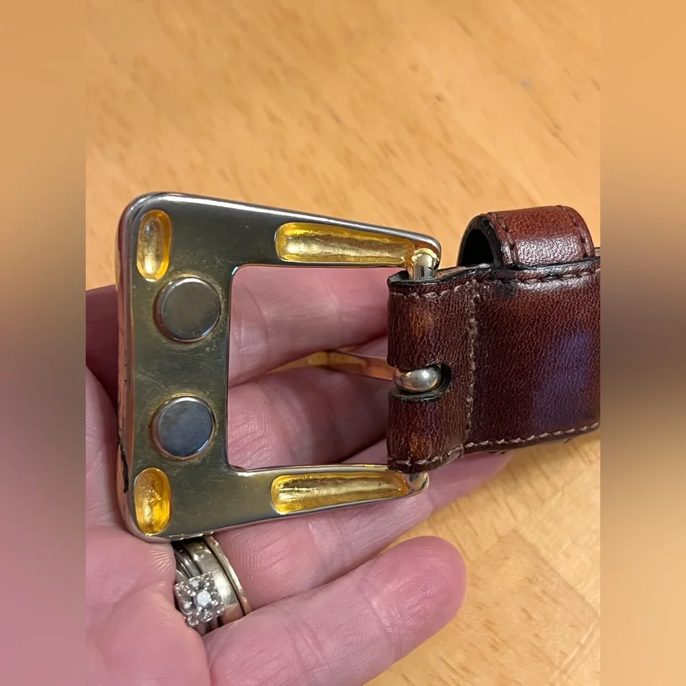 Oroton Brown Leather Belt Australian made size M brass buckle vintage statement
